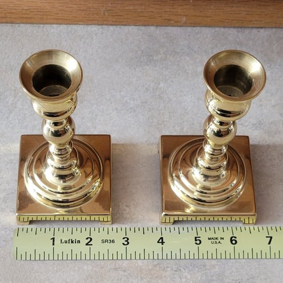 Pair of Vintage Georgian Polished Brass 5" Candle holders with Square Base New - Picture 5 of 12